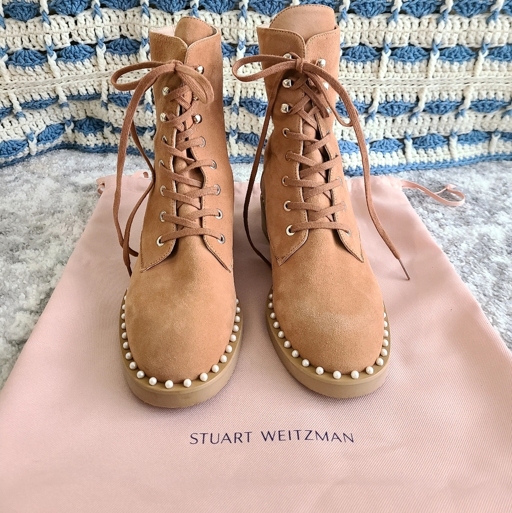 STUART WEITZMANSondra Faux Pearl-Embellished Suede Combat Boots